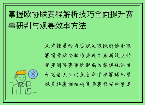 掌握欧协联赛程解析技巧全面提升赛事研判与观赛效率方法